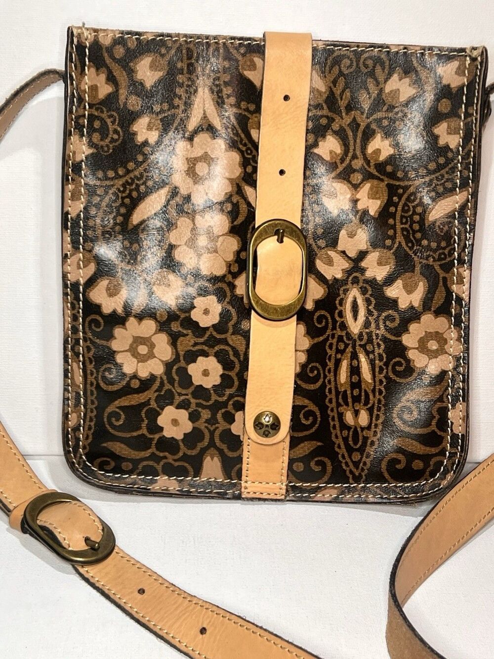 Patricia Nash Brown Tan Black Floral Buckle Accent Crossbody Bag for Women